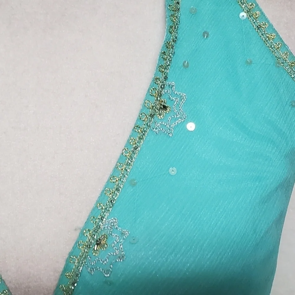 Vintage 90s Laundry by Shelli Segal Aqua Silk Chiffon Sequin T-Back Hi-low Dress - Picture 6 of 16
